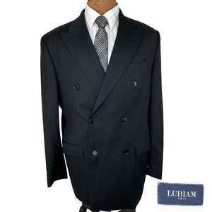 Lubiam 1911 Black Double Breasted Merino Wool Blazer Jacket Tessuto Zignone 44R